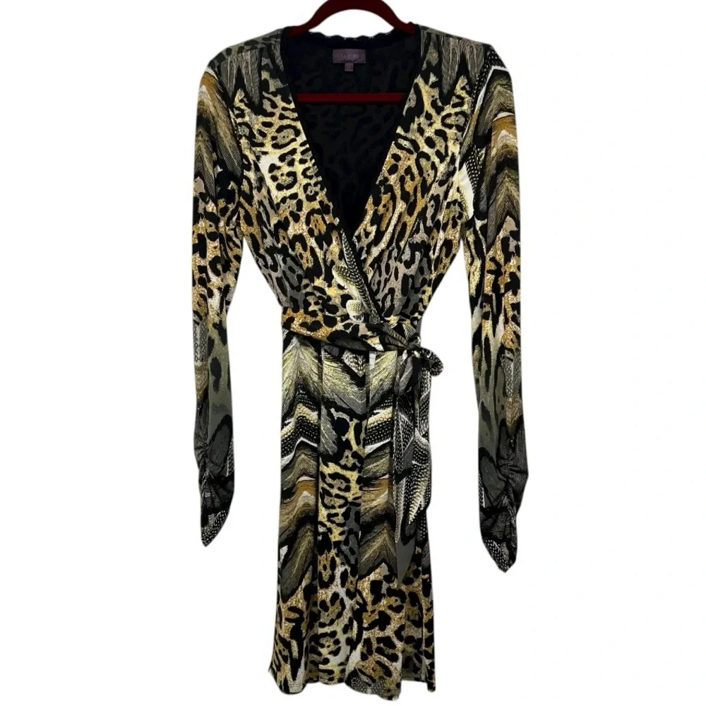 Hale Bob Animal Print Long Sleeve Faux Wrap Dress Women’s Medium - Picture 3 of 12